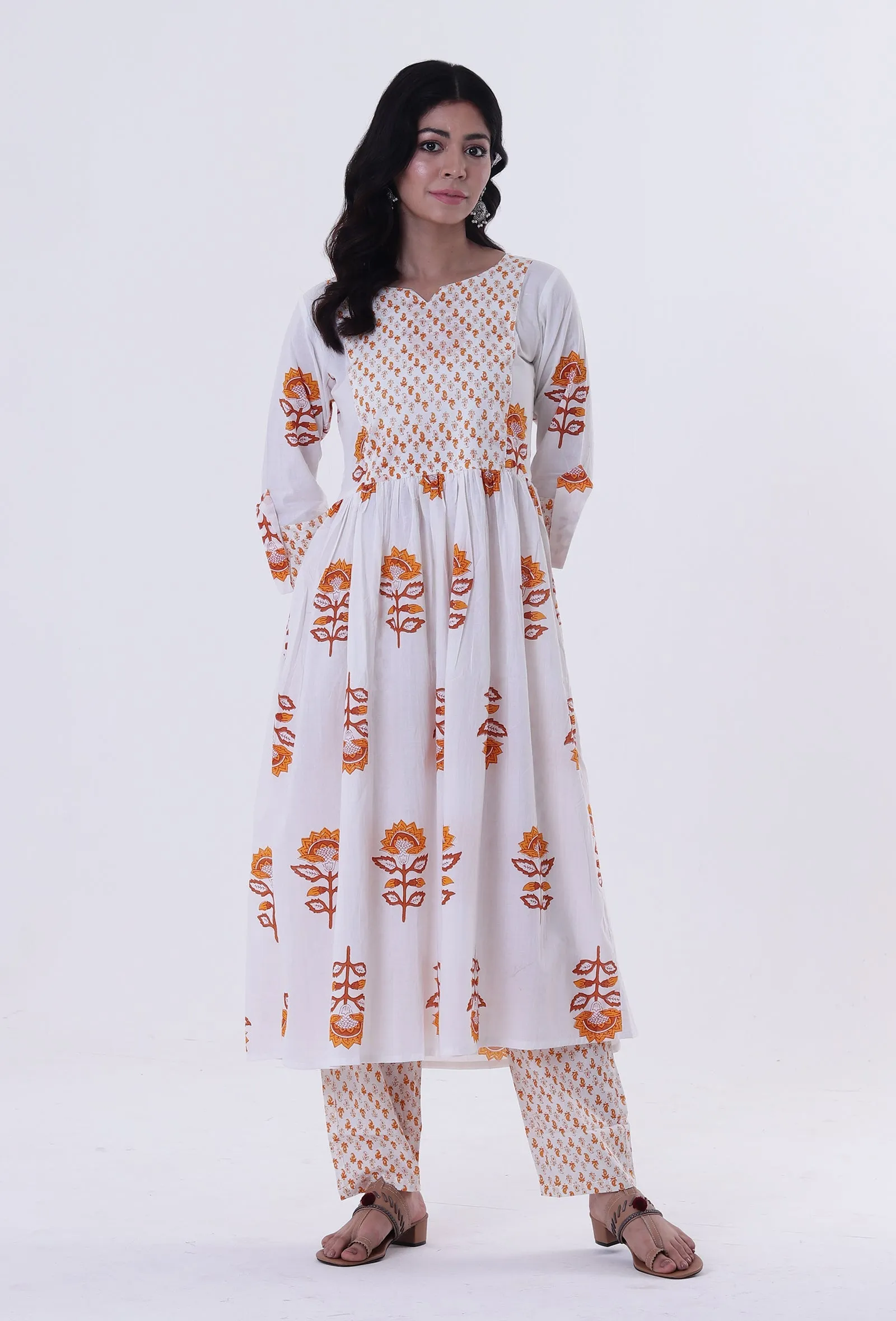 Set Of 2: White & Multicolor Cotton Block Printed Kurta & Pant