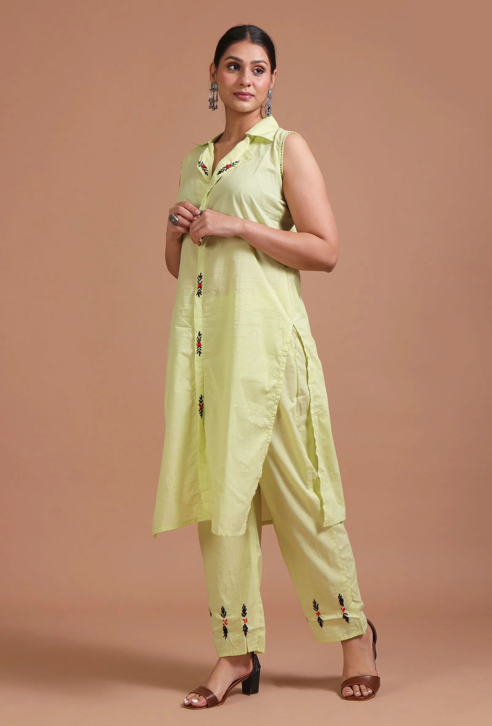 Set Of 2: Yellow Cotton Solid Plain Kurta & Pant Set