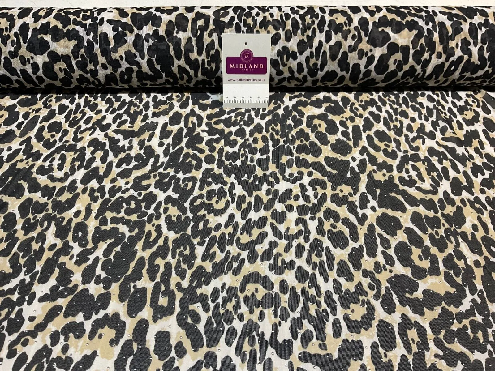 Silver dot on Cream Leopard Animal powermesh Stretch Dress Fabric M1785