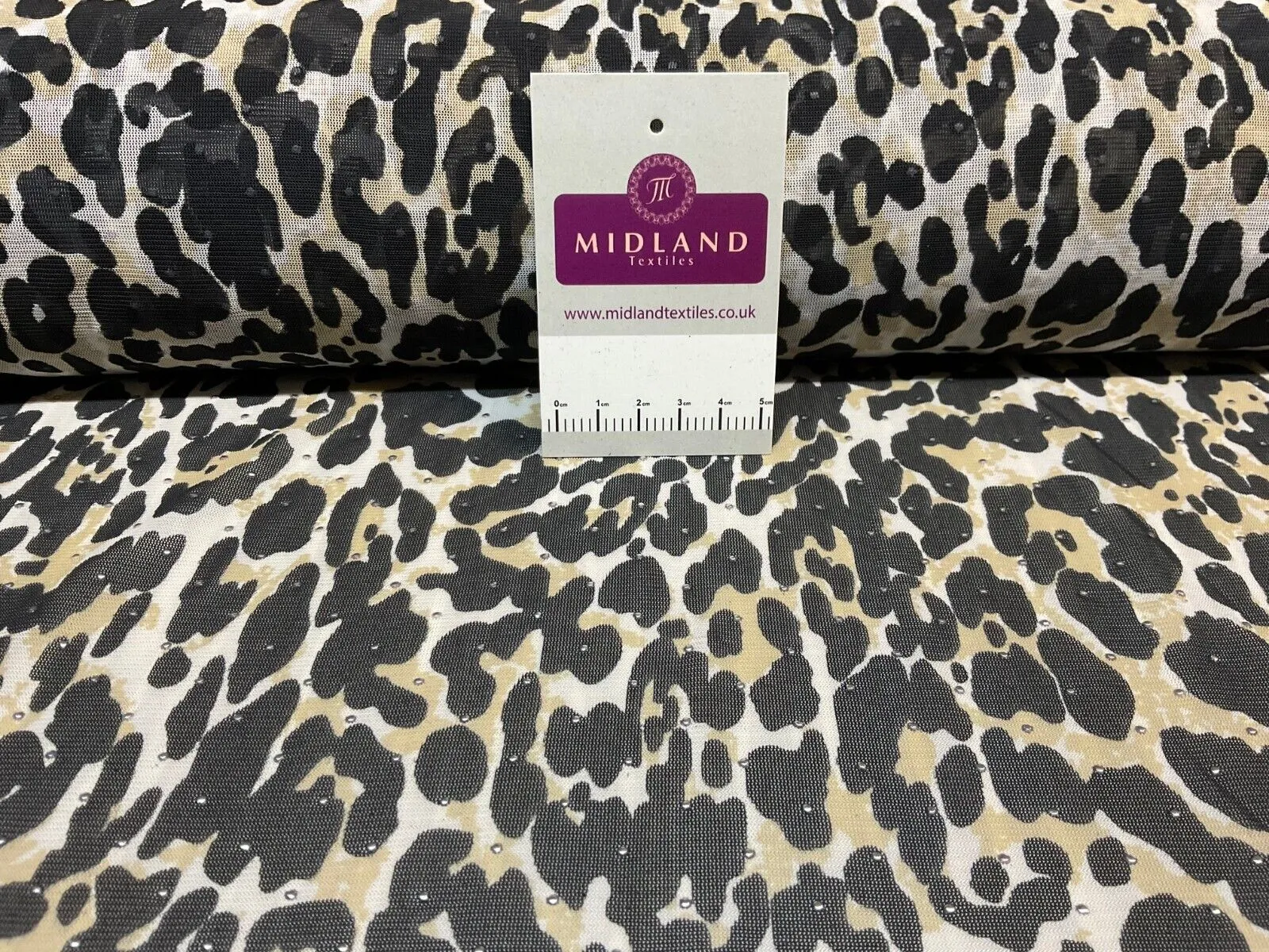 Silver dot on Cream Leopard Animal powermesh Stretch Dress Fabric M1785