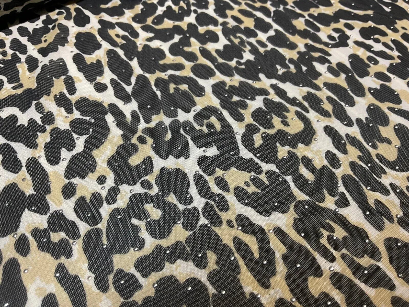 Silver dot on Cream Leopard Animal powermesh Stretch Dress Fabric M1785