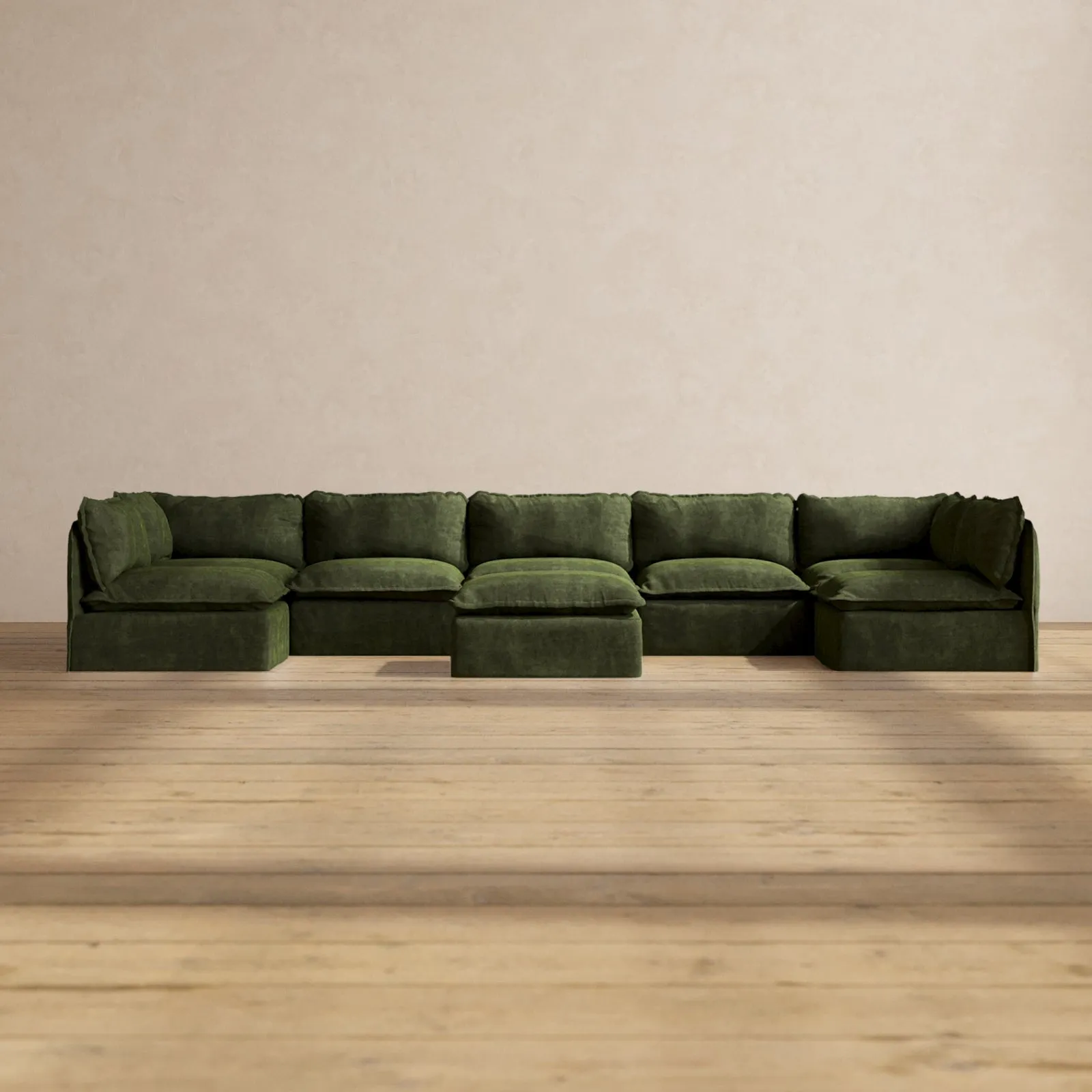 Slipcover Only - Modular Performance 7-Seater Open-Ends U-Sectional   Ottoman | Luxury Velvet in Olive