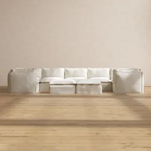 Slipcover Only - Modular Performance 7-Seater U-Sectional   Bench Ottoman | Plush Weave in Eggshell