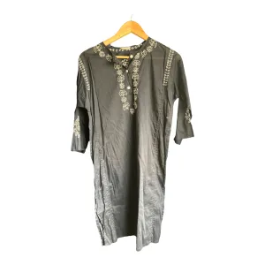 Soft Grey Cotton Black Embroidered Beach Cover Up Style 3/4 Sleeved Dress UK Size 12