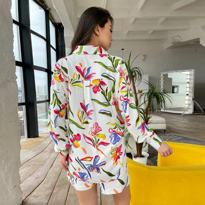 Summer Women Printed Long Sleeved Shirt Shorts Ladies Women Two Piece Set