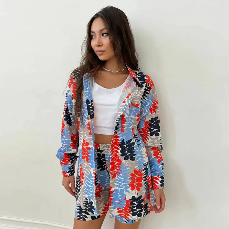 Summer Women Printed Long Sleeved Shirt Shorts Ladies Women Two Piece Set