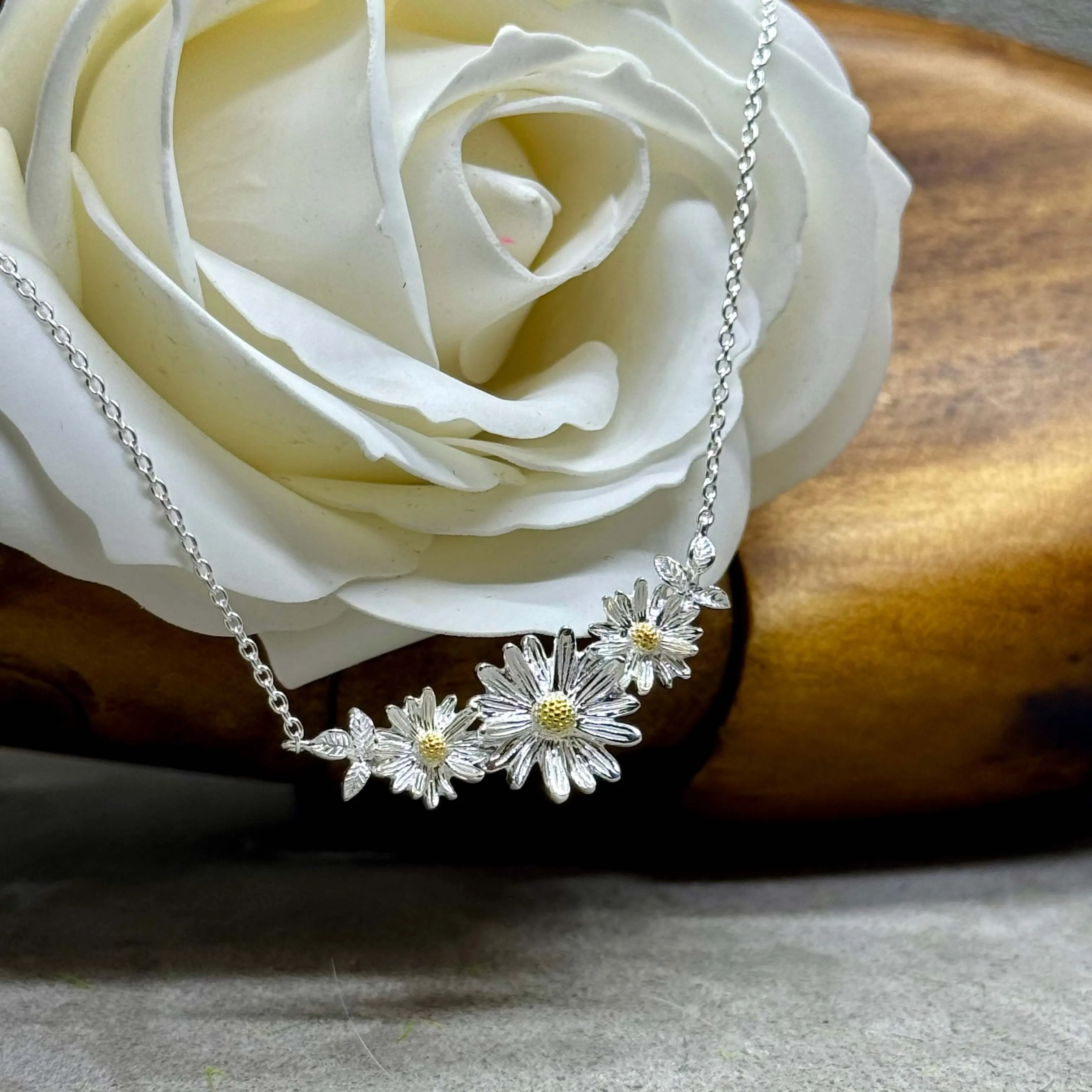 Three Daisy Chain Sterling Silver Necklace