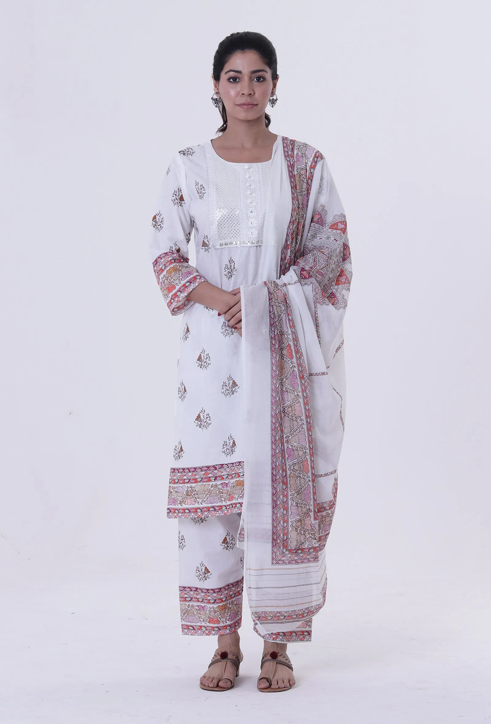 White Color Cotton Dupatta with Multicolor Motif