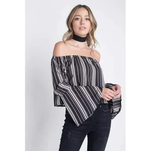 Women's Off Shoulder Casual Stripe Bell Sleeve Top