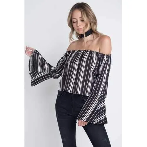 Women's Off Shoulder Casual Stripe Bell Sleeve Top