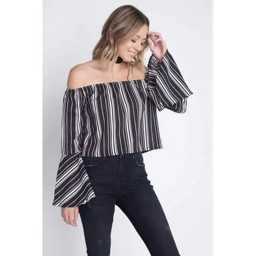 Women's Off Shoulder Casual Stripe Bell Sleeve Top