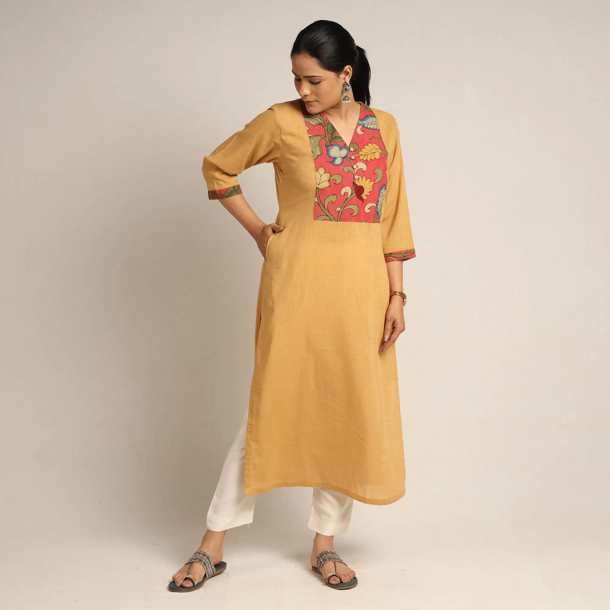 Yellow - Srikalahasti Kalamkari Patchwork Plain Cotton Long Straight Kurta