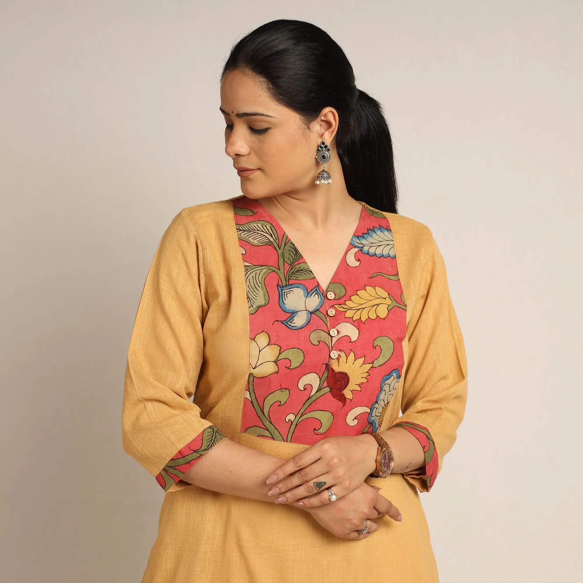 Yellow - Srikalahasti Kalamkari Patchwork Plain Cotton Long Straight Kurta