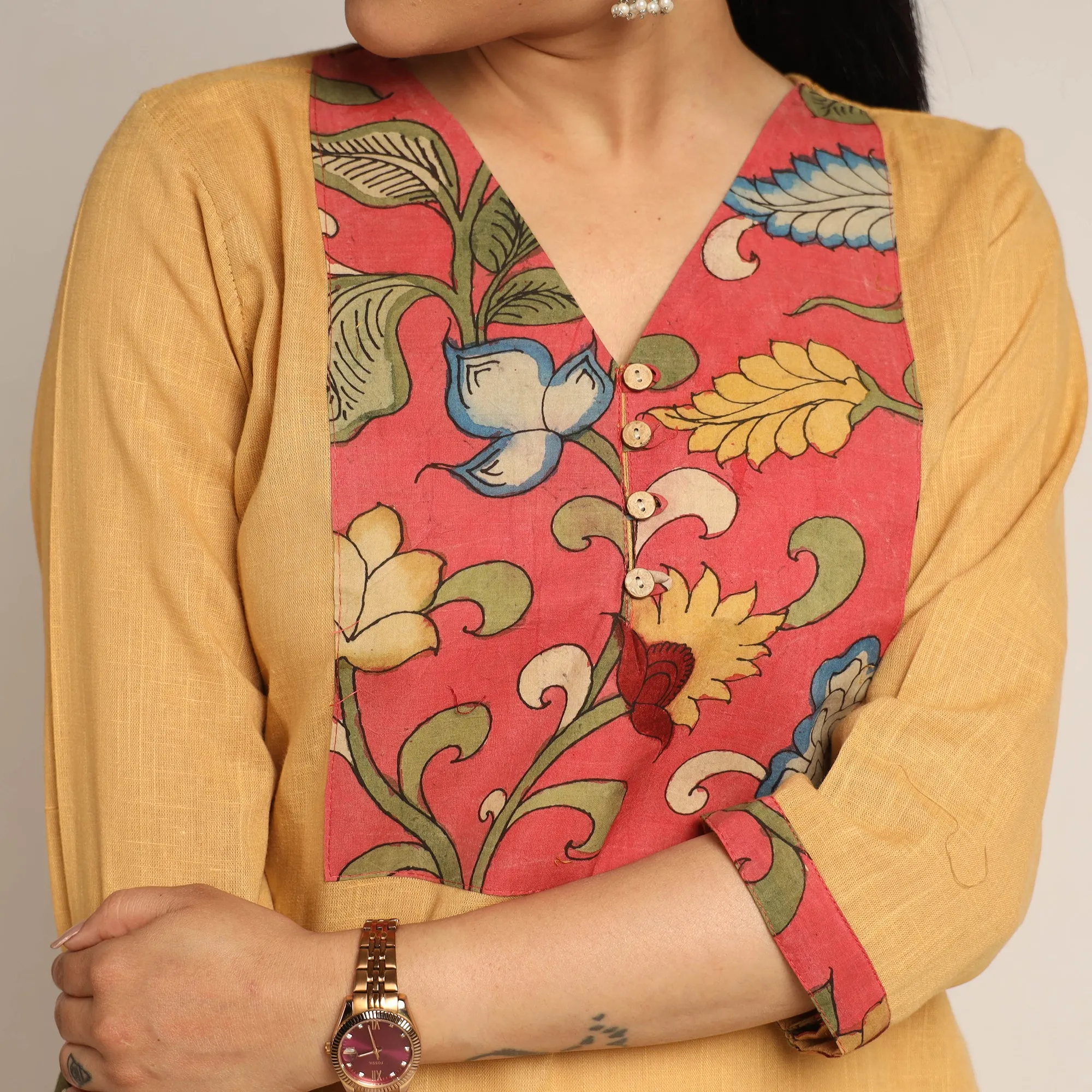 Yellow - Srikalahasti Kalamkari Patchwork Plain Cotton Long Straight Kurta