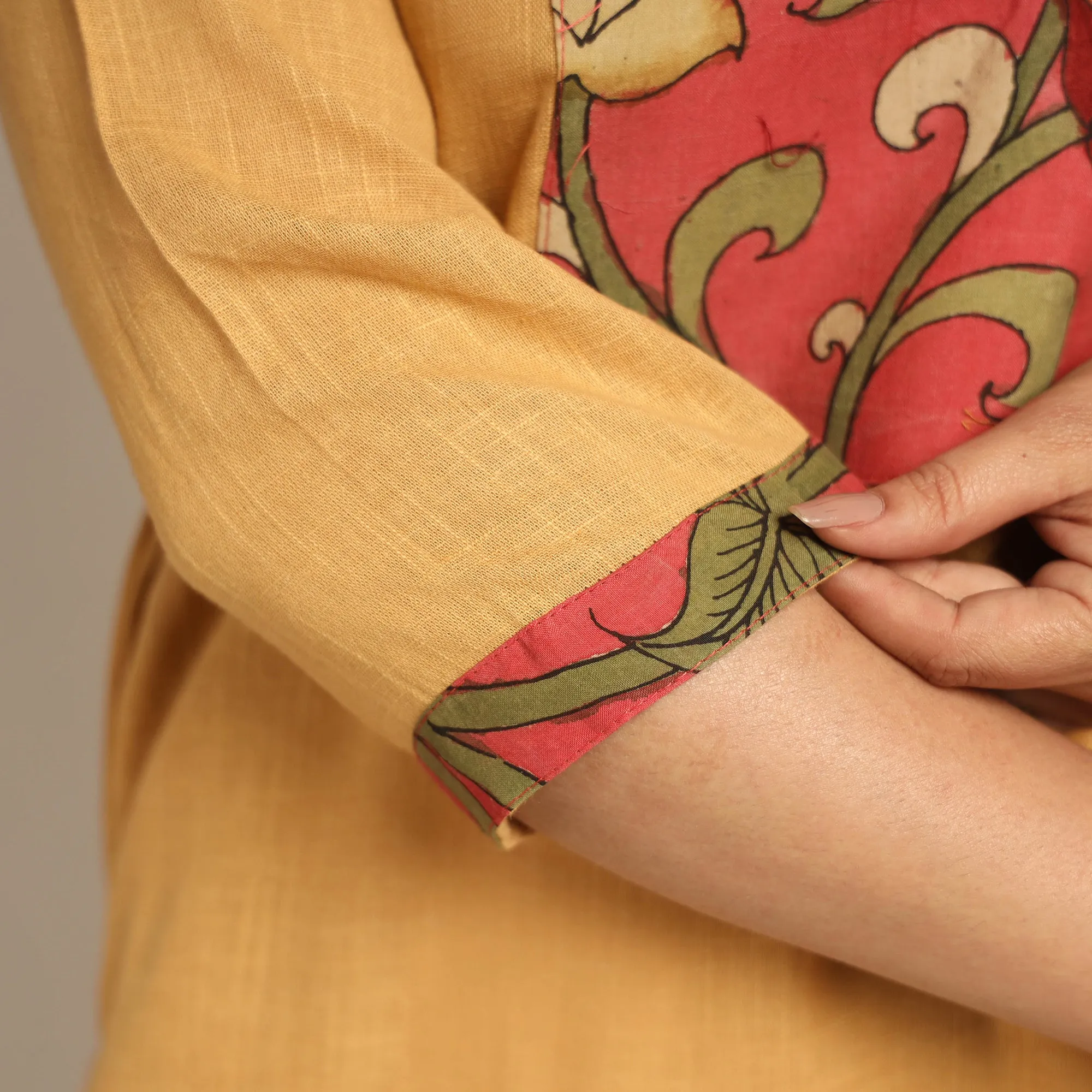 Yellow - Srikalahasti Kalamkari Patchwork Plain Cotton Long Straight Kurta