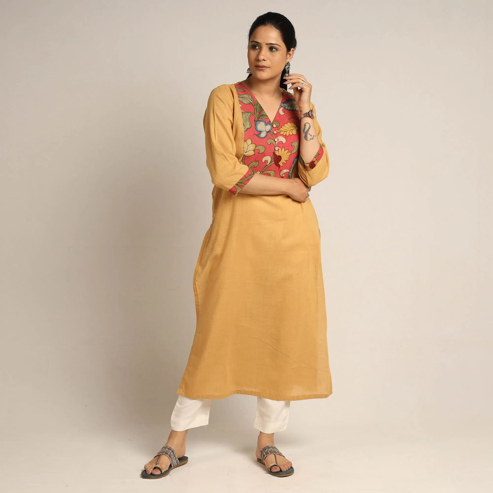 Yellow - Srikalahasti Kalamkari Patchwork Plain Cotton Long Straight Kurta