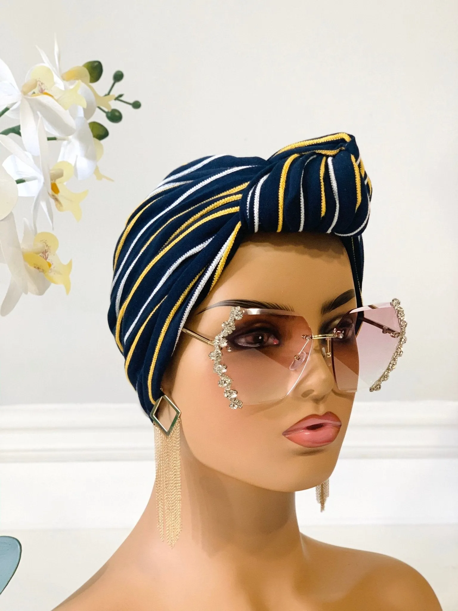 Yellow Stripe Pretied Knotted Turban